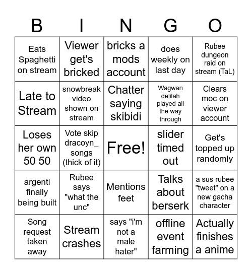 Rubee stream bingo card Bingo Card