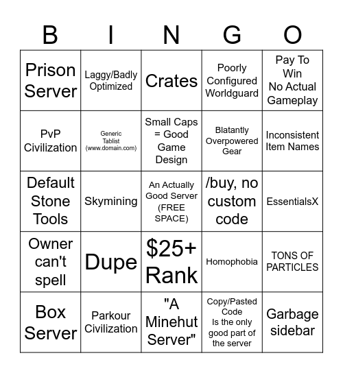 Minehut Server Bingo Card