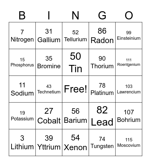 SCIENCE- ELEMENT Bingo Card