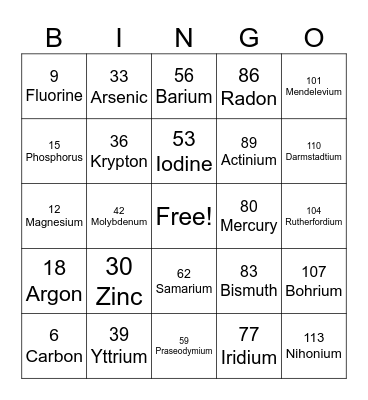 SCIENCE- ELEMENT Bingo Card