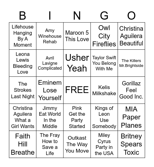 2000s Pop Hits Bingo Card