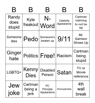 South Park Bingo Card