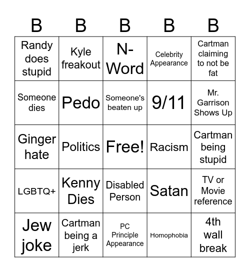 South Park Bingo Card