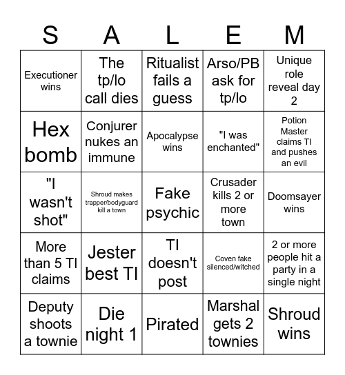 Town of Salem 2 Bingo Card