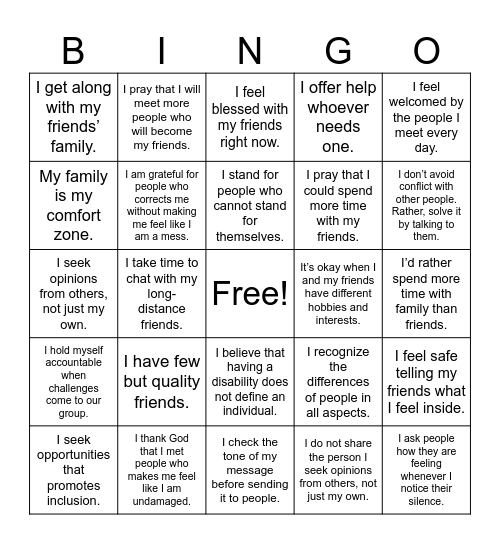 INCLUSIVE COMMUNITY Bingo Card