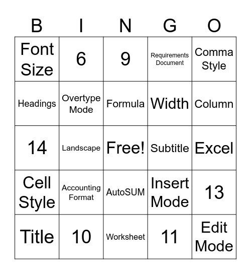 Excel Chapter 1 Bingo Card