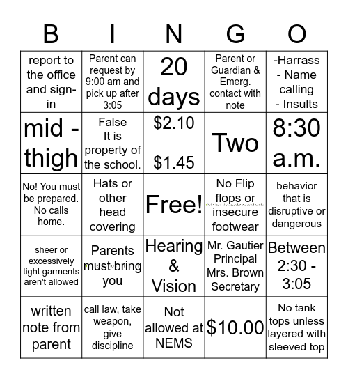 NEMS Handbook Bingo Card