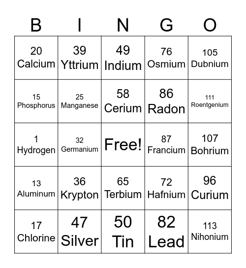 SCIENCE-ELEMENT Bingo Card