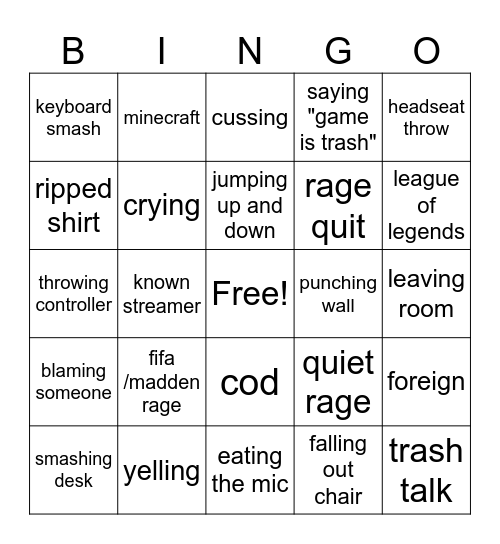 gamer rage Bingo Card