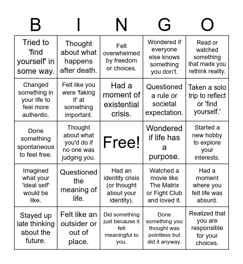 Existentialism Bingo Card