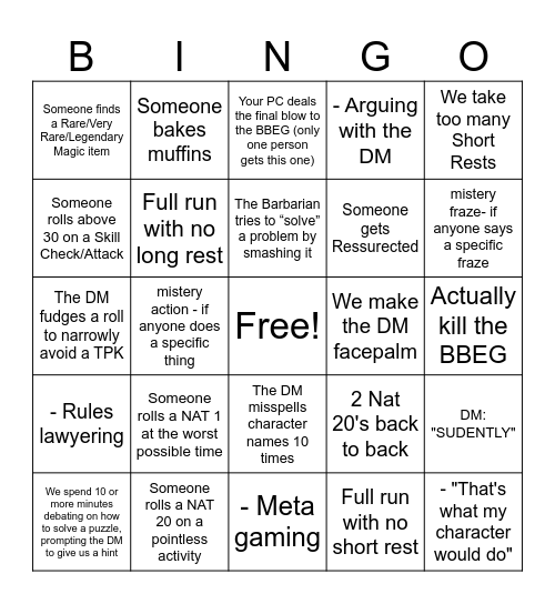 Tomb of Horrors Bingo Card