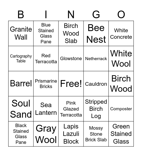 Minecraft bingo Card