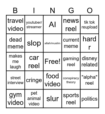 Instagram reel bingo Card