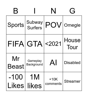 Youtube Bingo Card
