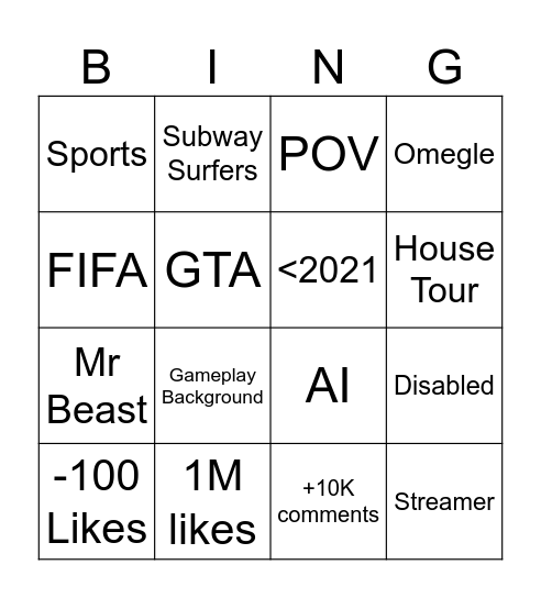 Youtube Bingo Card