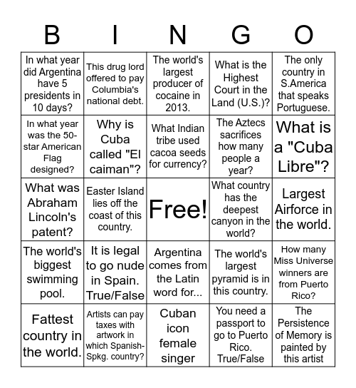 Spanish Website Scavenger Hunt Bingo Card