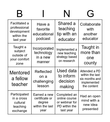 Leadership Self Reflection Bingo Card