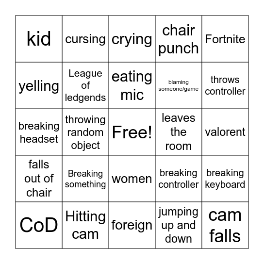 Rage Bingo Card