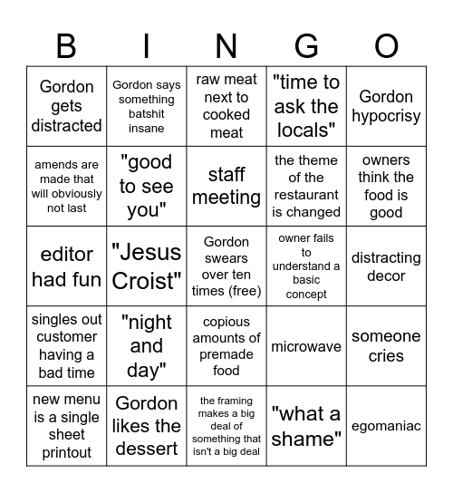 Kitchen Nightmares Bingo Card