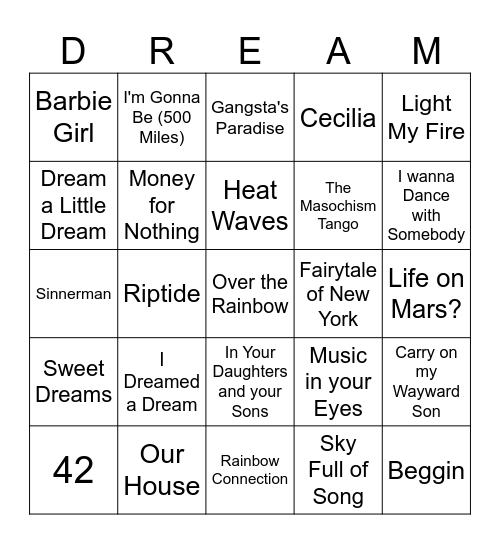 Sadman Music Bingo Card