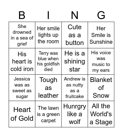 Simile and metaphor bingo! Bingo Card