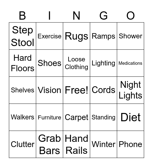 Falls Prevention Bingo Card