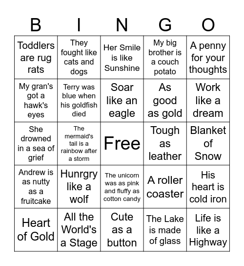 Simile and metaphor bingo! Bingo Card