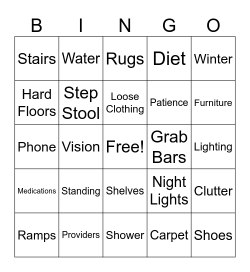 Falls Prevention Bingo Card