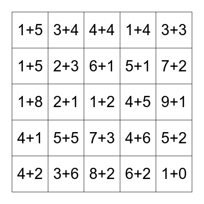 Numbers Bingo (10) Addition Bingo Card