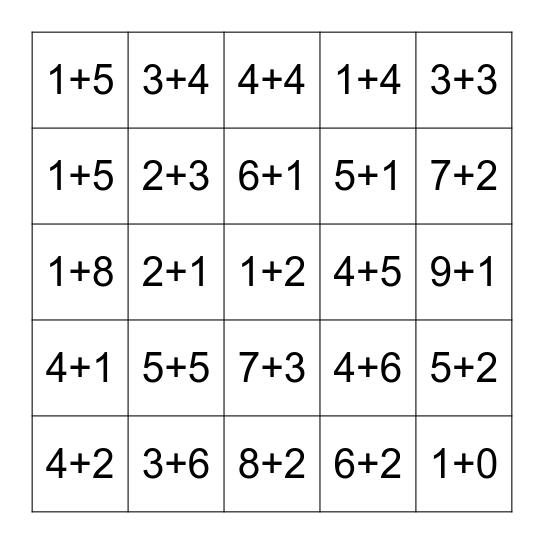 Numbers Bingo (10) Addition Bingo Card