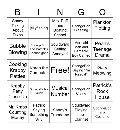 spongebob bingo Card