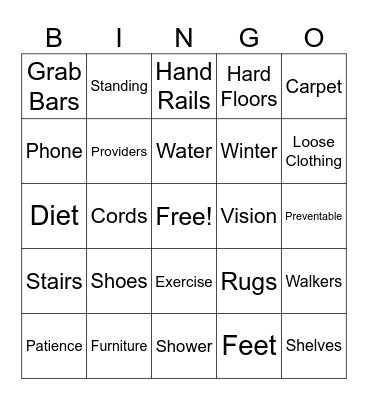 Falls Prevention Bingo Card