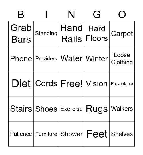Falls Prevention Bingo Card