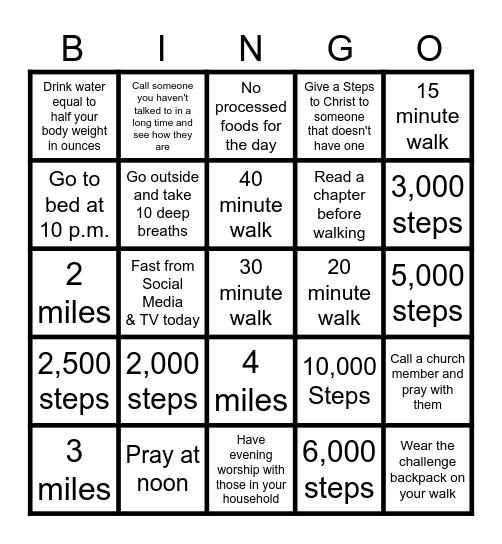 Walking Challenge 2023 Bingo Card