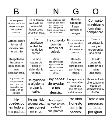 BINGO DE LOS VALORES Bingo Card