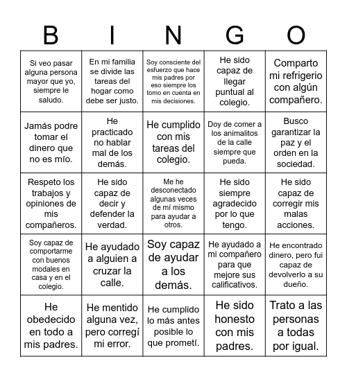 BINGO DE LOS VALORES Bingo Card