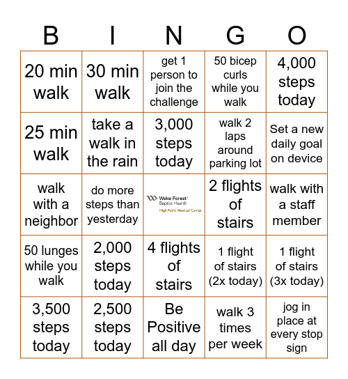 August 2020 Walking Challenge Bingo Card