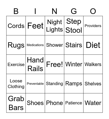 Falls Prevention Bingo Card