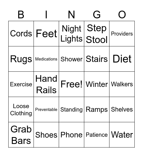 Falls Prevention Bingo Card