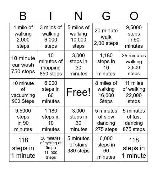 SVA Step Challenge Bingo Card