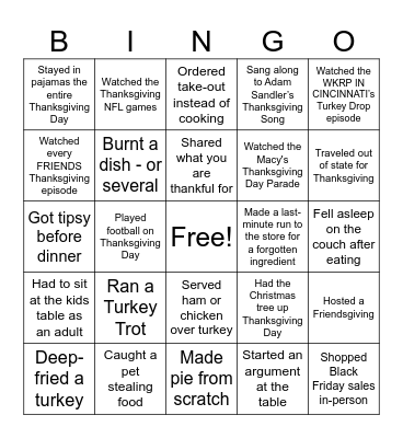 Thanksgiving Never Have I Ever Bingo Card