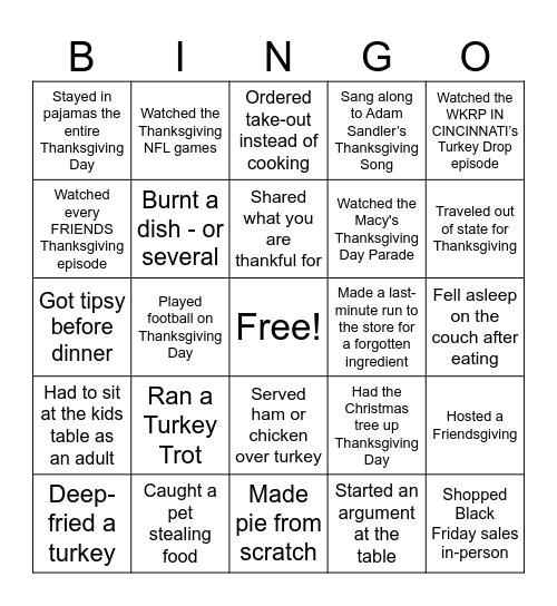 Thanksgiving Never Have I Ever Bingo Card