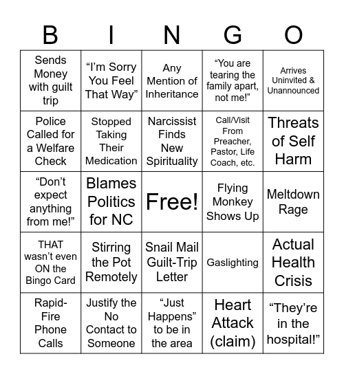 Narcissistic Christmas Cancer Bingo Card