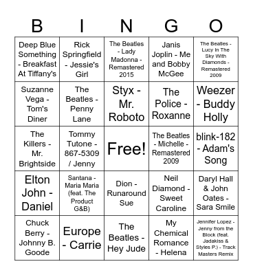 Name That Song Bingo Card