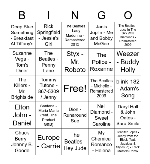 Name That Song Bingo Card