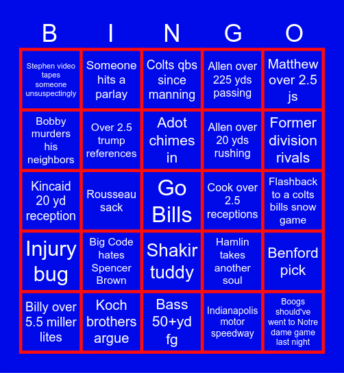 Bills vs Colts Bingo Card