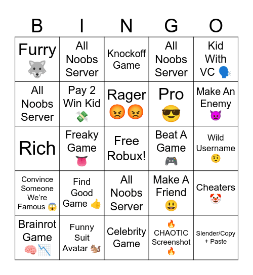 Roblox Bingo Card