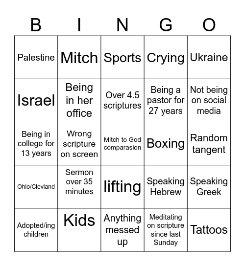 Pastor Stephanie Bingo Card