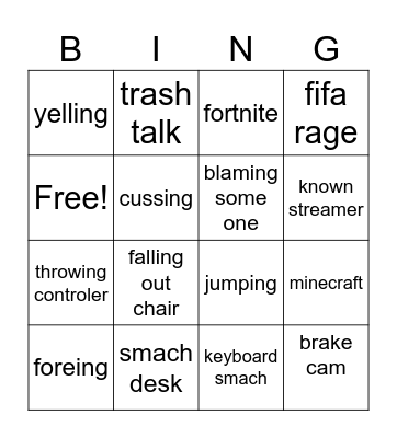 gamer rage Bingo Card