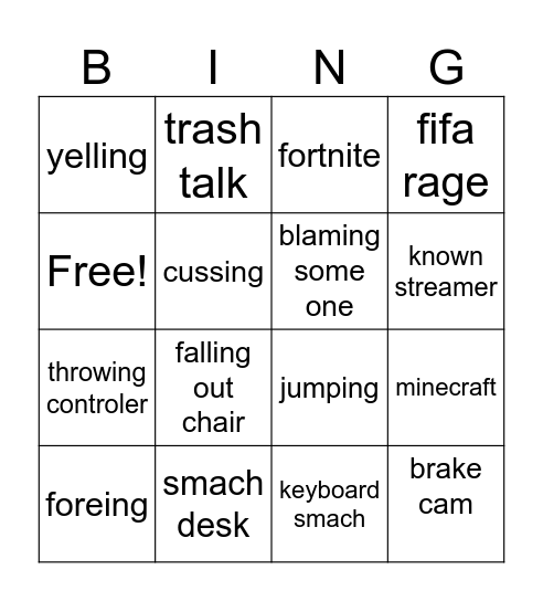 gamer rage Bingo Card